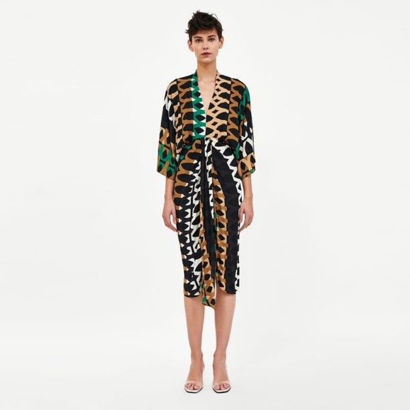 Zara Dresses & Skirts - ZARA Printed Draped Kaftan Dress Safari Geo Kimono